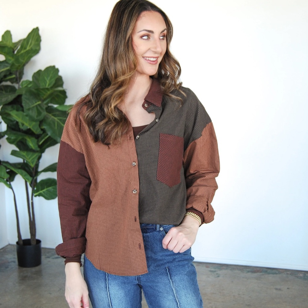 Nwt Blu Pepper Brown color block Checkered long sleeve button down Shirt